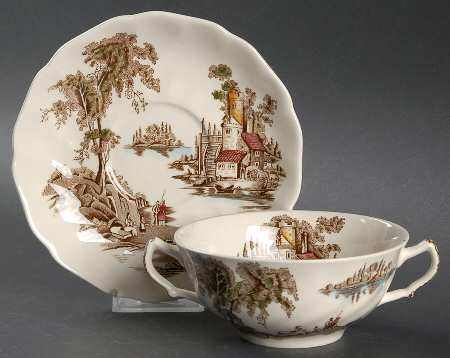 The Old Mill Brown Multicolor Flat Cream Soup Bowl & Saucer Set