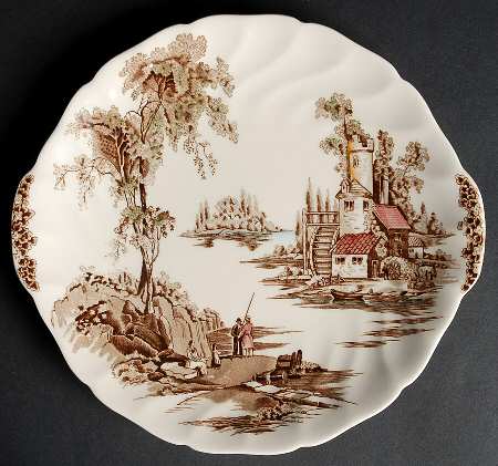 The Old Mill Brown Multicolor Handled Cake Plate