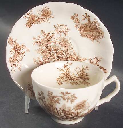 Pastorale Toile De Jouy Brown Flat Cup & Saucer Set