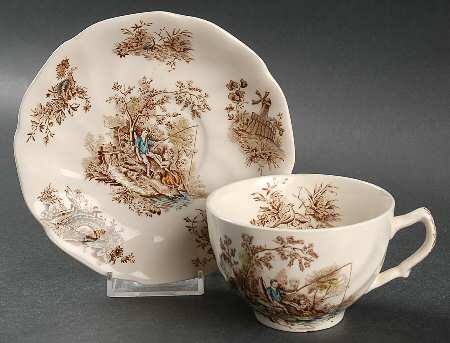 Pastorale Toile De Jouy Brown Multicolor Flat Cup & Saucer Set