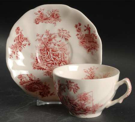 Pastorale Toile De Jouy Pink Flat Cup & Saucer Set
