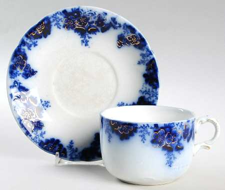 Peach (Flow Blue, Gold Accents) Flat Cup & Saucer Set