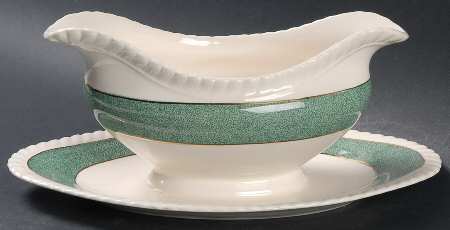 Powder Border Green & White Gravy Boat with Attached Underplate