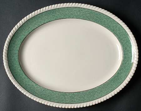 Powder Border Green & White 14" Oval Serving Platter