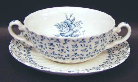 Rose Bouquet Blue Flat Cream Soup Bowl & Saucer Set