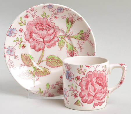 Rose Chintz Pink ("Made in England" Mark) Flat Demitasse Cup & Saucer Set