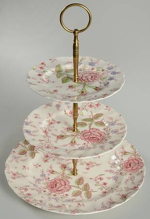 Rose Chintz Pink ("Made in England" Mark) 3-Tiered Serving Tray (DP, SP, BB)