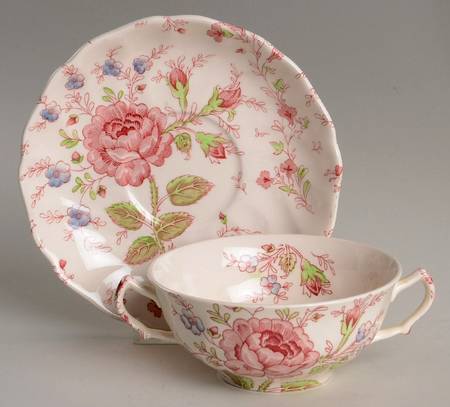 Rose Chintz Pink ("Made in England" Mark) Flat Cream Soup Bowl & Saucer Set