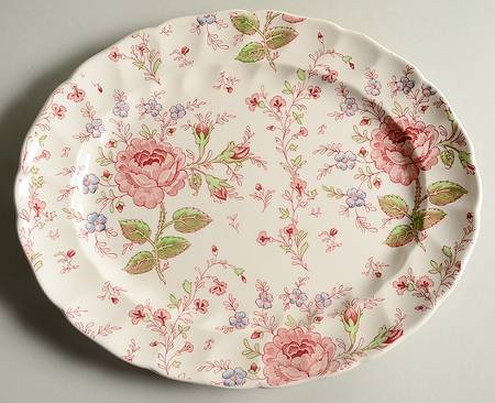 Rose Chintz Pink ("Made in England" Mark) 11" Oval Serving Platter by Johnson Brothers
