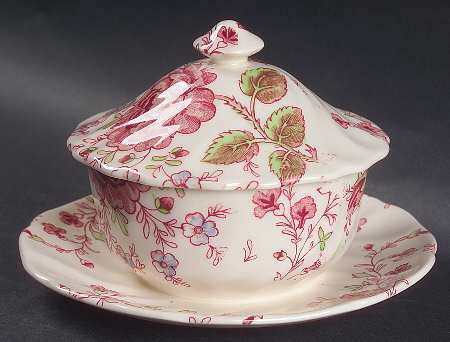 Rose Chintz Pink ("Made in England" Mark) Mayonnaise with Attached Underplate & Lid