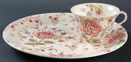 Rose Chintz Pink ("Made in England" Mark) Snack Plate & Cup Set