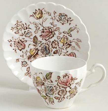 Staffordshire Bouquet Brown Multicolor Flat Cup & Saucer Set