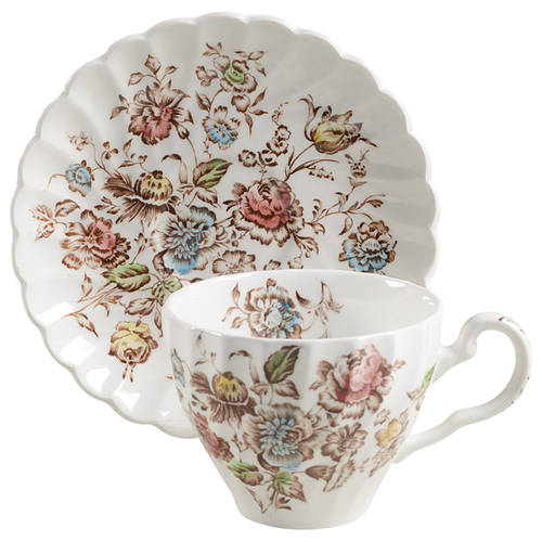 Staffordshire Bouquet Brown Multicolor Flat Cup & Saucer Set