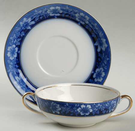 Turin Blue (Flow Blue) Flat Cream Soup Bowl & Saucer Set