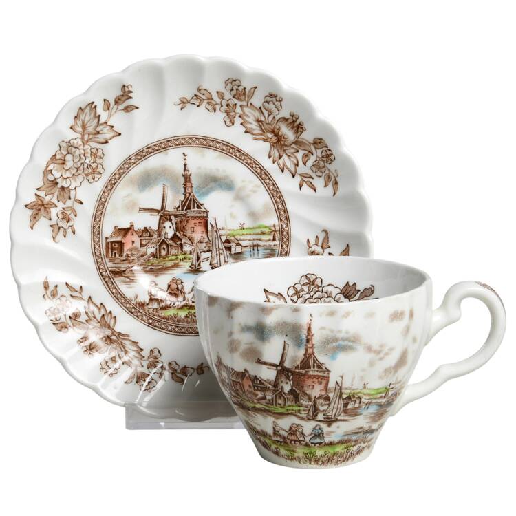 Tulip Time Brown Multicolor Flat Cup & Saucer Set
