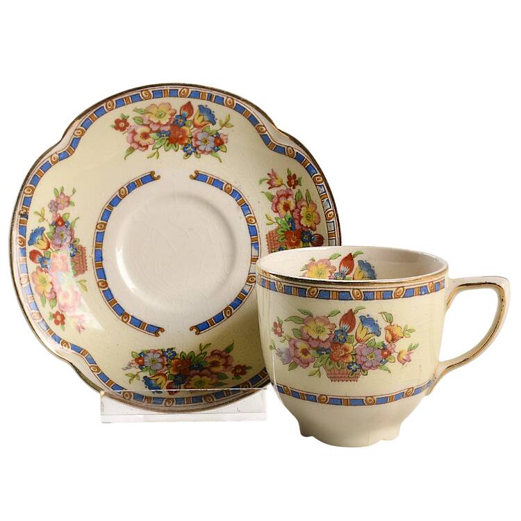 Victoria (Floral Basket) Flat Demitasse Cup & Saucer Set