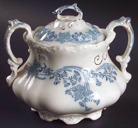 Vintage White (Blue Green Leaves, Gold Trim) Sugar Bowl & Lid