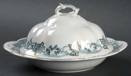 Vintage White (Blue Green Leaves, Gold Trim) Round Covered Butter