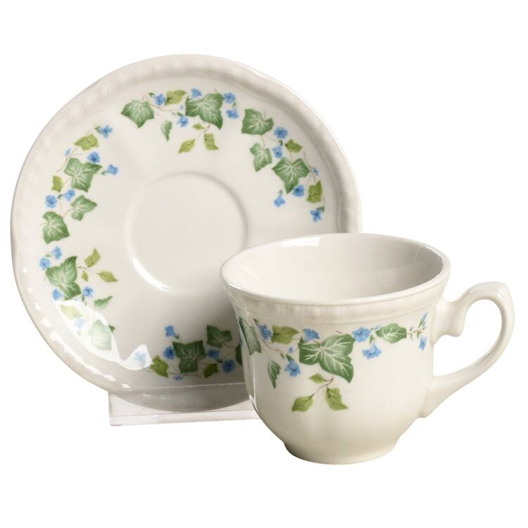 Vintage (Newer, Green Ivy, Blue Flowers) Flat Demitasse Cup & Saucer Set
