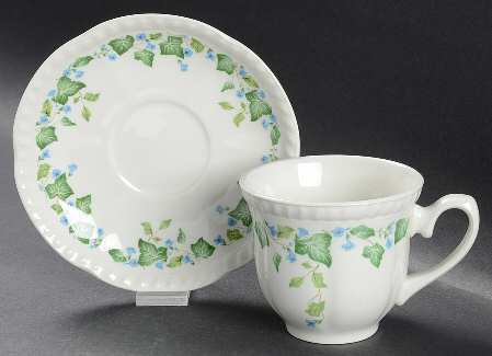 Vintage (Newer, Green Ivy, Blue Flowers) Flat Cup & Saucer Set