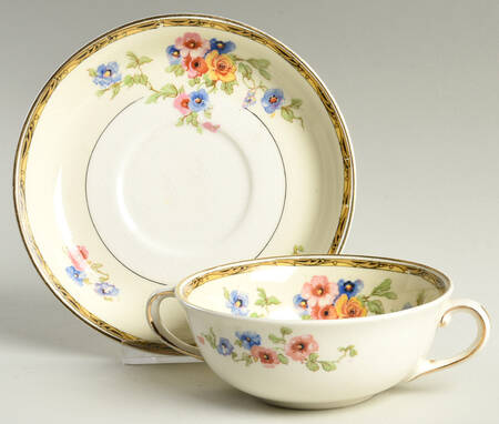 Watteau (Tan Scrolls & Dots Border) Flat Cream Soup Bowl & Saucer Set