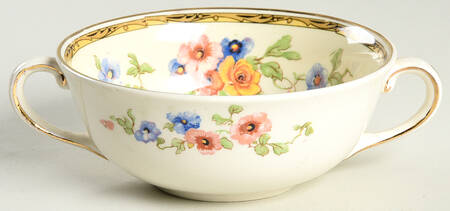 Watteau (Tan Scrolls & Dots Border) Flat Cream Soup Bowl