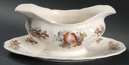 Windsor Fruit (Old Chelsea, Swirl Border) Gravy Boat with Attached Underplate