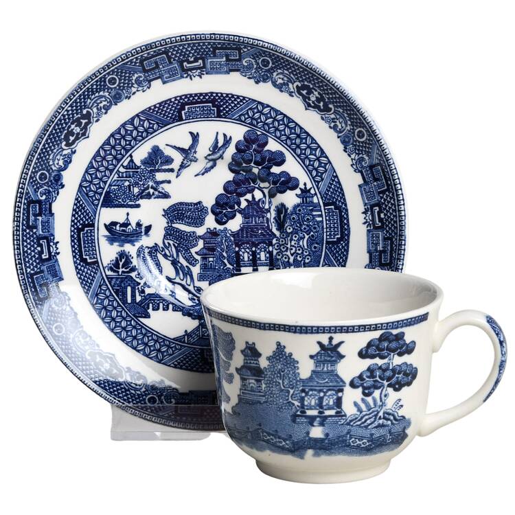 Willow Blue (Made in England, Earthenware, Newer) Flat Demitasse Cup & Saucer Set
