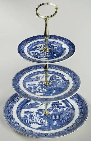 Willow Blue (Made in England, Earthenware, Newer) 3-Tiered Serving Tray (DP, SP, BB)