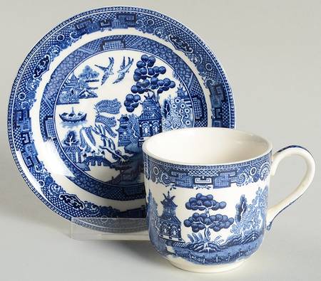 Willow Blue (Made in England, Earthenware, Newer) Flat Demitasse Cup & Saucer Set