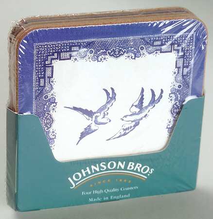 Willow Blue (Made in England, Earthenware, Newer) Square Corkback Coaster - Set of 4 Motifs