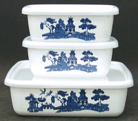 Willow Blue (Made in England, Earthenware, Newer) Metal Baker with Plastic Lid - Set of 3