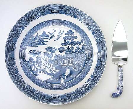 Willow Blue (Made in England, Earthenware, Newer) Cake Plate and Server (Boxed Set)