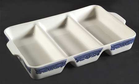 Willow Blue (Made in England, Earthenware, Newer) 3 Part Rectangular Divided Server