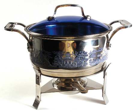 Willow Blue (Made in England, Earthenware, Newer) 3 Quart Metal Stew Pot W/Metal Stand & Burner