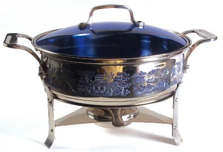 Willow Blue (Made in England, Earthenware, Newer) 3 Quart Metal Stew Pot W/Metal Stand & Burner