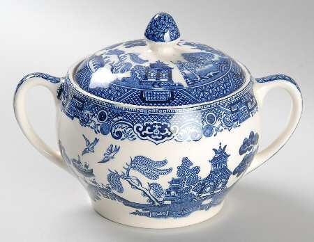 Willow Blue (Made in England, Earthenware, Newer) Sugar Bowl & Lid