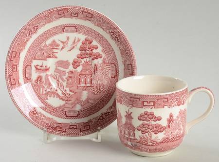Willow Pink Red Flat Demitasse Cup & Saucer Set