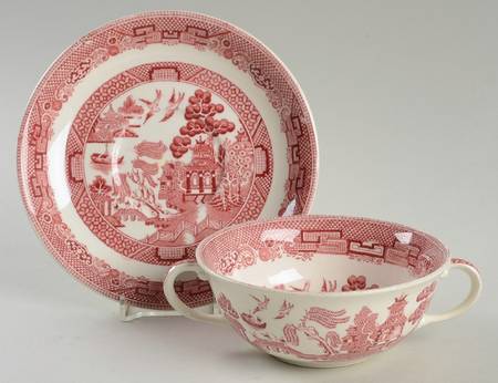 Willow Pink Red Flat Cream Soup Bowl & Saucer Set