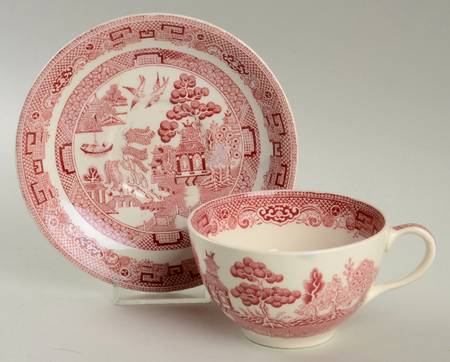 Willow Pink Red Flat Cup & Saucer Set