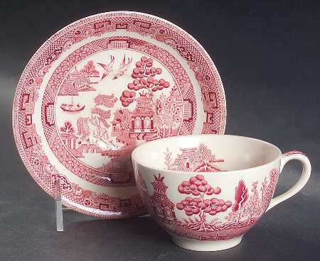 Willow Pink Red Flat Cup & Saucer Set