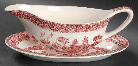 Willow Pink Red Gravy Boat & Underplate/Relish