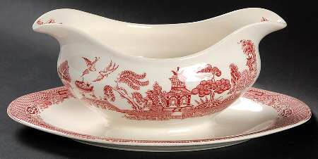 Willow Pink Red Gravy Boat with Attached Underplate