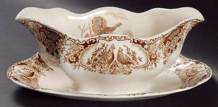 Wild Turkeys Brown (Native American) Gravy Boat with Attached Underplate