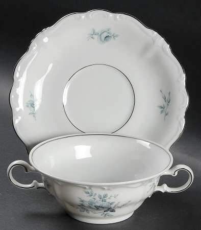 Blue Bouquet Platinum Flat Cream Soup Bowl & Saucer Set