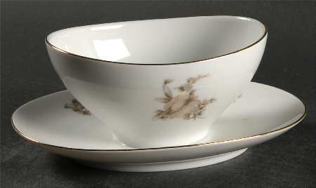 Brown Rose Gravy Boat with Attached Underplate