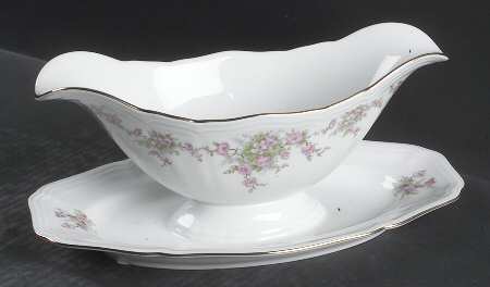 Wild Rose (1-16" Gold Trim) Gravy Boat with Attached Underplate