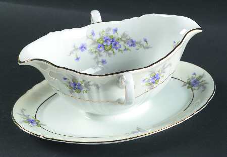 Violets(Newer, Gold Inner Ring, Cream Rim) Gravy Boat with Attached Underplate