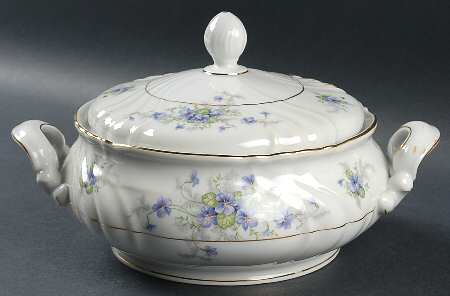 Violets(Newer, Gold Inner Ring, Cream Rim) Round Covered Vegetable
