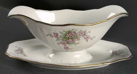 Wild Rose (1-8" Gold Trim) Gravy Boat with Attached Underplate